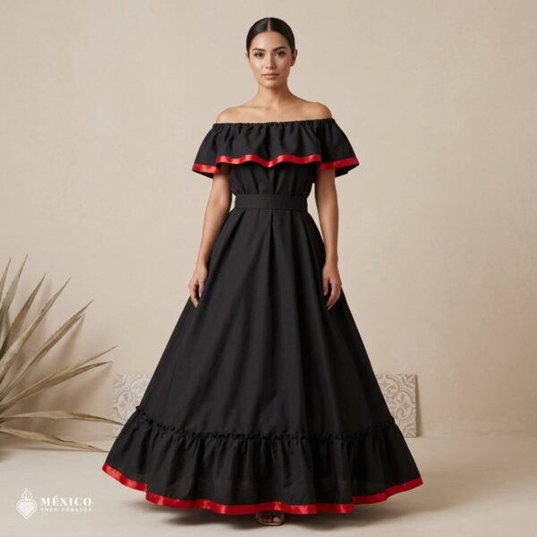 Black Handmade Mexican Dress Set – Red Ribbon Skirt & Blouse Traditional