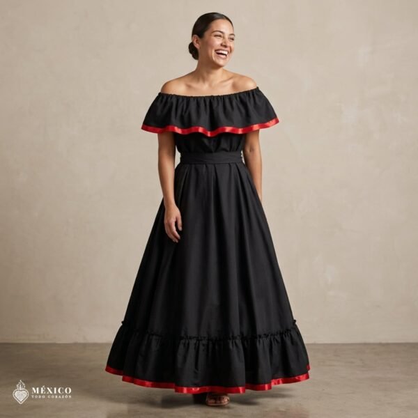 Black Handmade Mexican Dress Set – Red Ribbon Skirt & Blouse Traditional