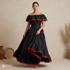 Black Handmade Mexican Dress Set – Red Ribbon Skirt & Blouse Traditional
