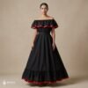 Black Handmade Mexican Dress Set – Red Ribbon Skirt & Blouse Traditional