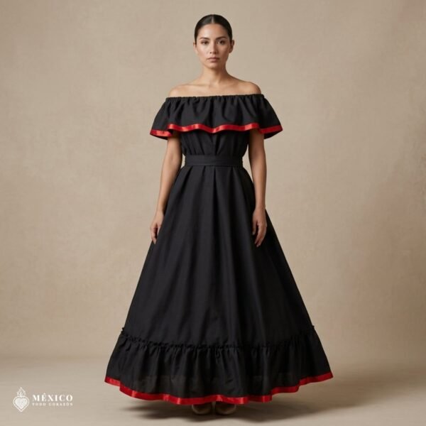 Black Handmade Mexican Dress Set – Red Ribbon Skirt & Blouse Traditional