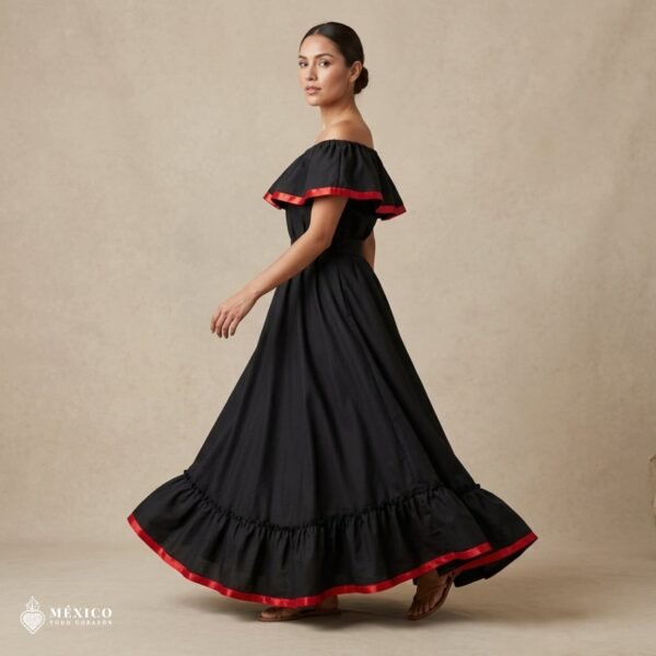 Black Handmade Mexican Dress Set – Red Ribbon Skirt & Blouse Traditional