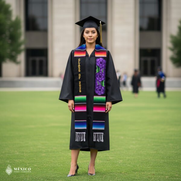 Personalized Mexican Graduation Stole - Purple Flowers And Gold Lettering