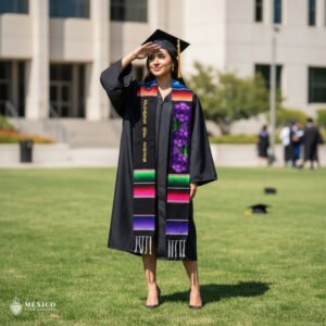 Personalized Mexican Graduation Stole - Purple Flowers And Gold Lettering