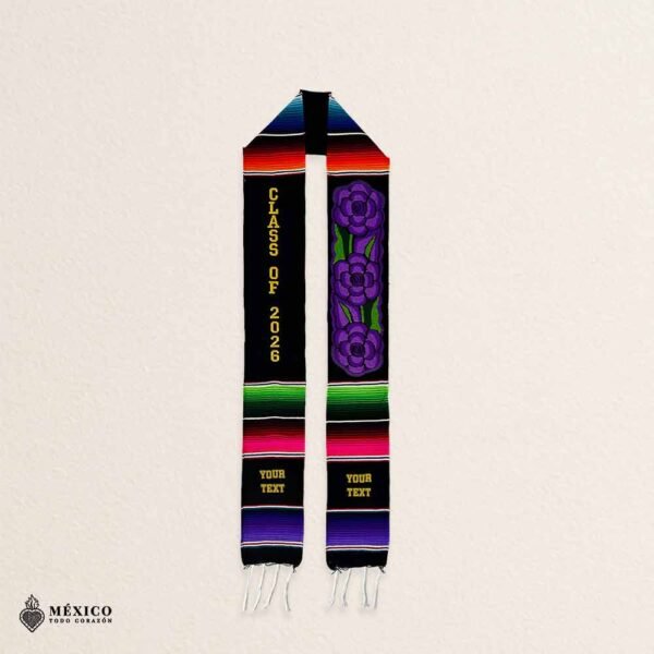 Personalized Mexican Graduation Stole - Purple Flowers And Gold Lettering