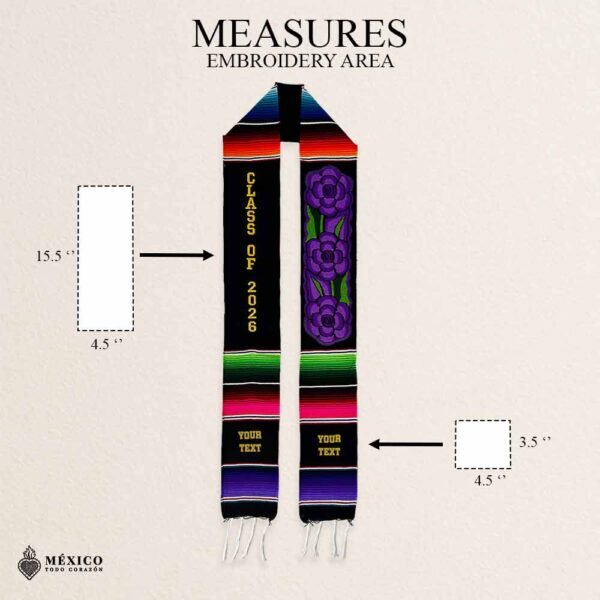 Personalized Mexican Graduation Stole - Purple Flowers And Gold Lettering