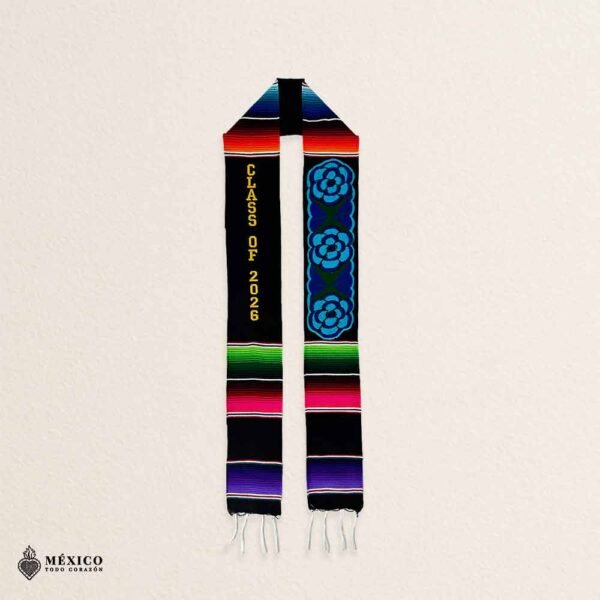 Personalized Mexican Graduation Stole - Blue Flowers And Gold Lettering