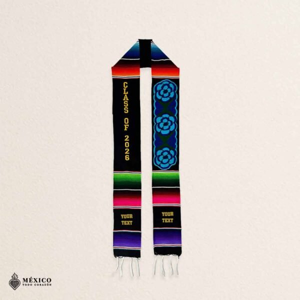 Personalized Mexican Graduation Stole - Blue Flowers And Gold Lettering