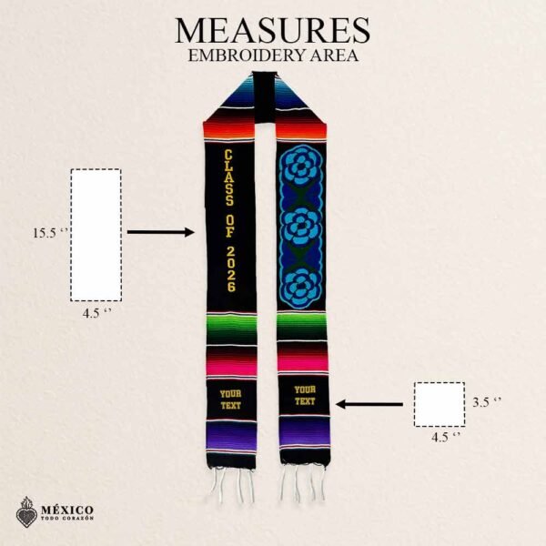 Personalized Mexican Graduation Stole - Blue Flowers And Gold Lettering