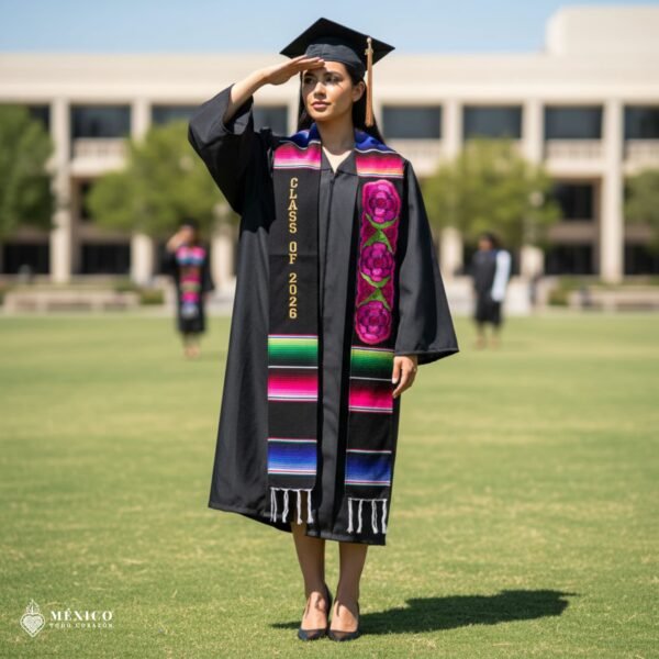 Personalized Mexican Graduation Stole - Pink Flowers And Gold Lettering
