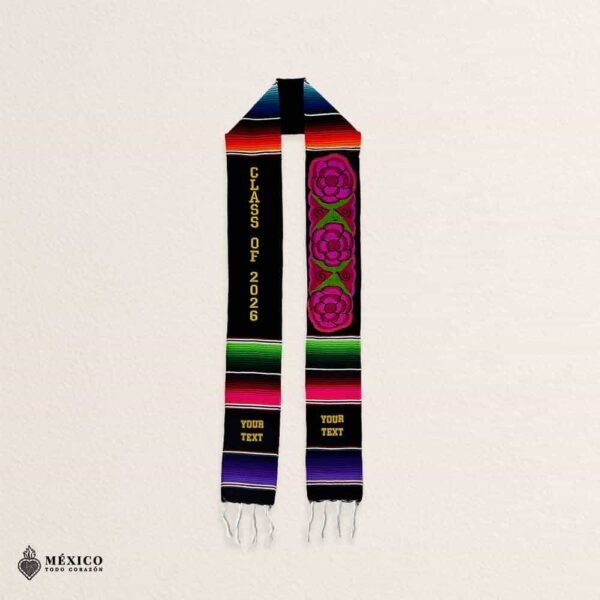 Personalized Mexican Graduation Stole - Pink Flowers And Gold Lettering