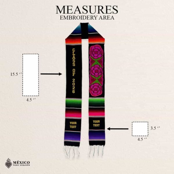 Personalized Mexican Graduation Stole - Pink Flowers And Gold Lettering