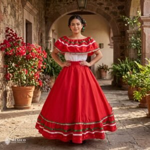 Red Handmade Mexican Dress Set – Tricolor Ribbon Skirt & Blouse Traditional