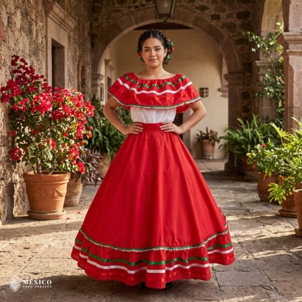 Red Handmade Mexican Dress Set – Tricolor Ribbon Skirt & Blouse Traditional