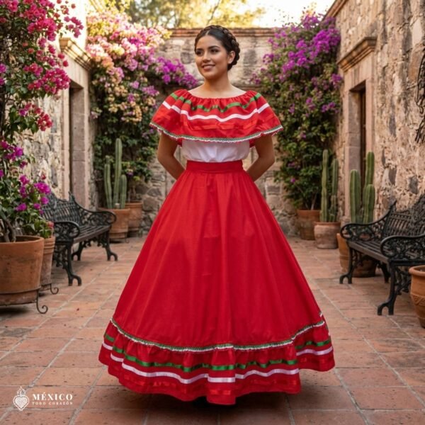 Red Handmade Mexican Dress Set – Tricolor Ribbon Skirt & Blouse Traditional