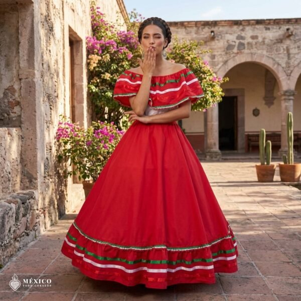 Red Handmade Mexican Dress Set – Tricolor Ribbon Skirt & Blouse Traditional