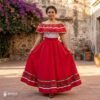 Red Handmade Mexican Dress Set – Tricolor Ribbon Skirt & Blouse Traditional