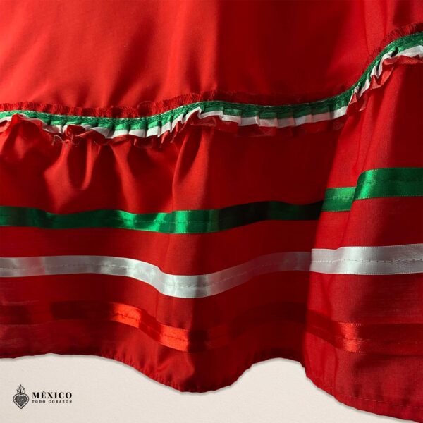 Red Handmade Mexican Dress Set – Tricolor Ribbon Skirt & Blouse Traditional