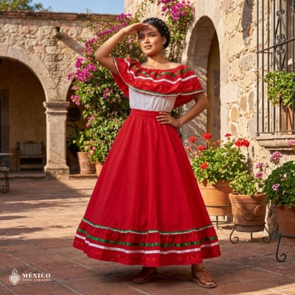 Red Handmade Mexican Dress Set – Tricolor Ribbon Skirt & Blouse Traditional