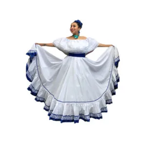 Traditional Mexican White And Blue Dress Handmade Frida Kahlo Style