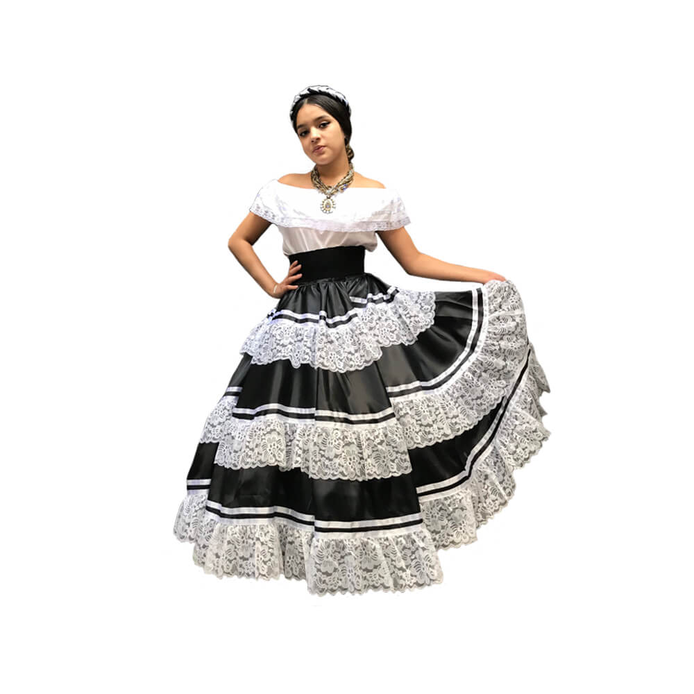 Traditional Mexican Black and White Dress Handmade Frida Kahlo Style