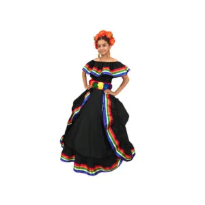 Traditional Mexican Black and Rainbow Dress Handmade Frida Kahlo Style