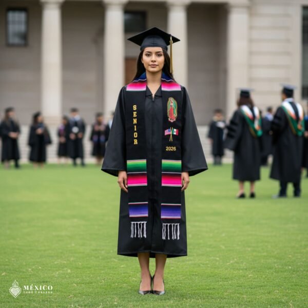 Personalized Mexican Sarape Graduation Stole - Virgen de Guadalupe With Flags