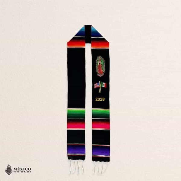Personalized Mexican Sarape Graduation Stole - Virgen de Guadalupe With Flags