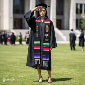 Personalized Mexican Sarape Graduation Stole - Virgen de Guadalupe With Flags