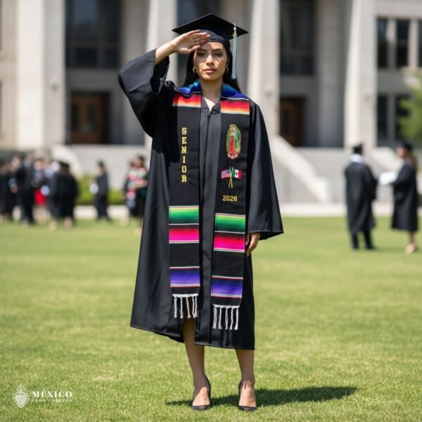 Personalized Mexican Sarape Graduation Stole - Virgen de Guadalupe With Flags