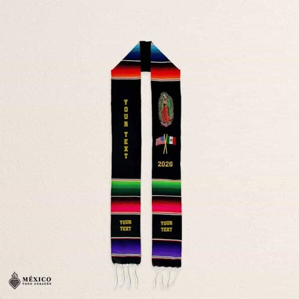 Personalized Mexican Sarape Graduation Stole - Virgen de Guadalupe With Flags