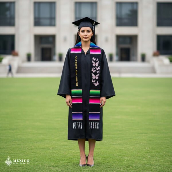 Personalized Mexican Graduation Stole- Class of 2026 And Pink Butterfly