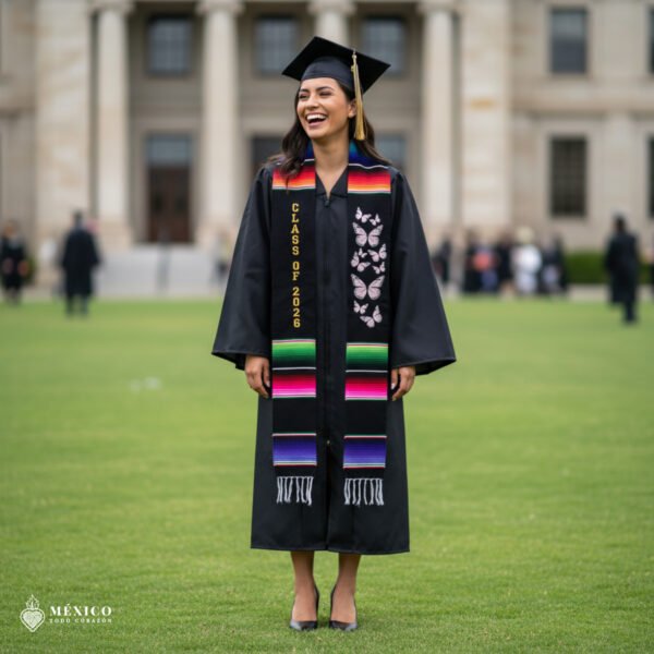 Personalized Mexican Graduation Stole- Class of 2026 And Pink Butterfly