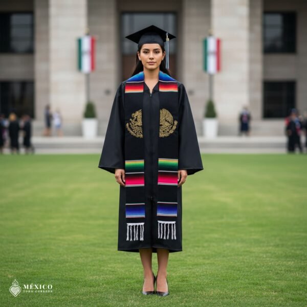 Personalized Mexican Sarape Graduation Stole - Gold Mexican Eagle