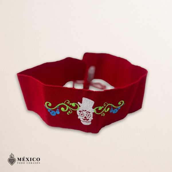 Handcrafted Elegant Musical Calavera Embroidered Mexican Waist Belt – Premium Red Faja | México Todo Corazón