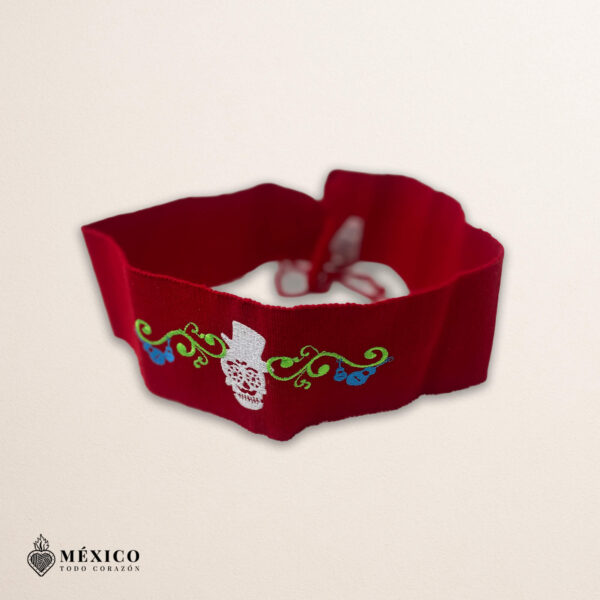 Handcrafted Elegant Musical Calavera Embroidered Mexican Waist Belt – Premium Red Faja | México Todo Corazón