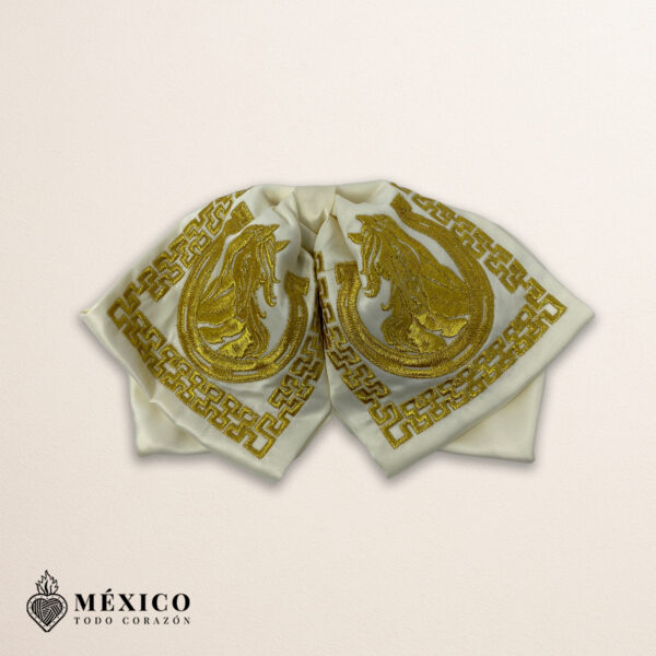 Beige Mexican Charro Moño with Gold Horse Embroidery | Traditional Mariachi Bow Tie for Fiestas or Cultural Events | México Todo Corazón