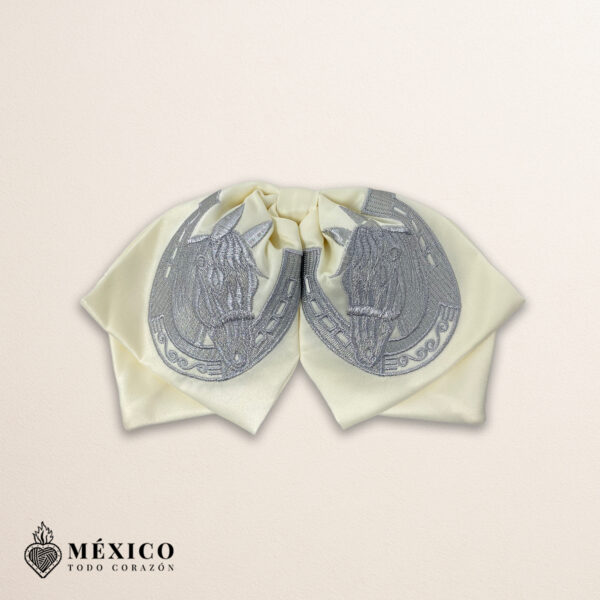 Beige Mexican Charro Moño with Silver Horse Embroidery | Traditional Mariachi Bow Tie for Fiestas, Cultural Events | México Todo Corazón
