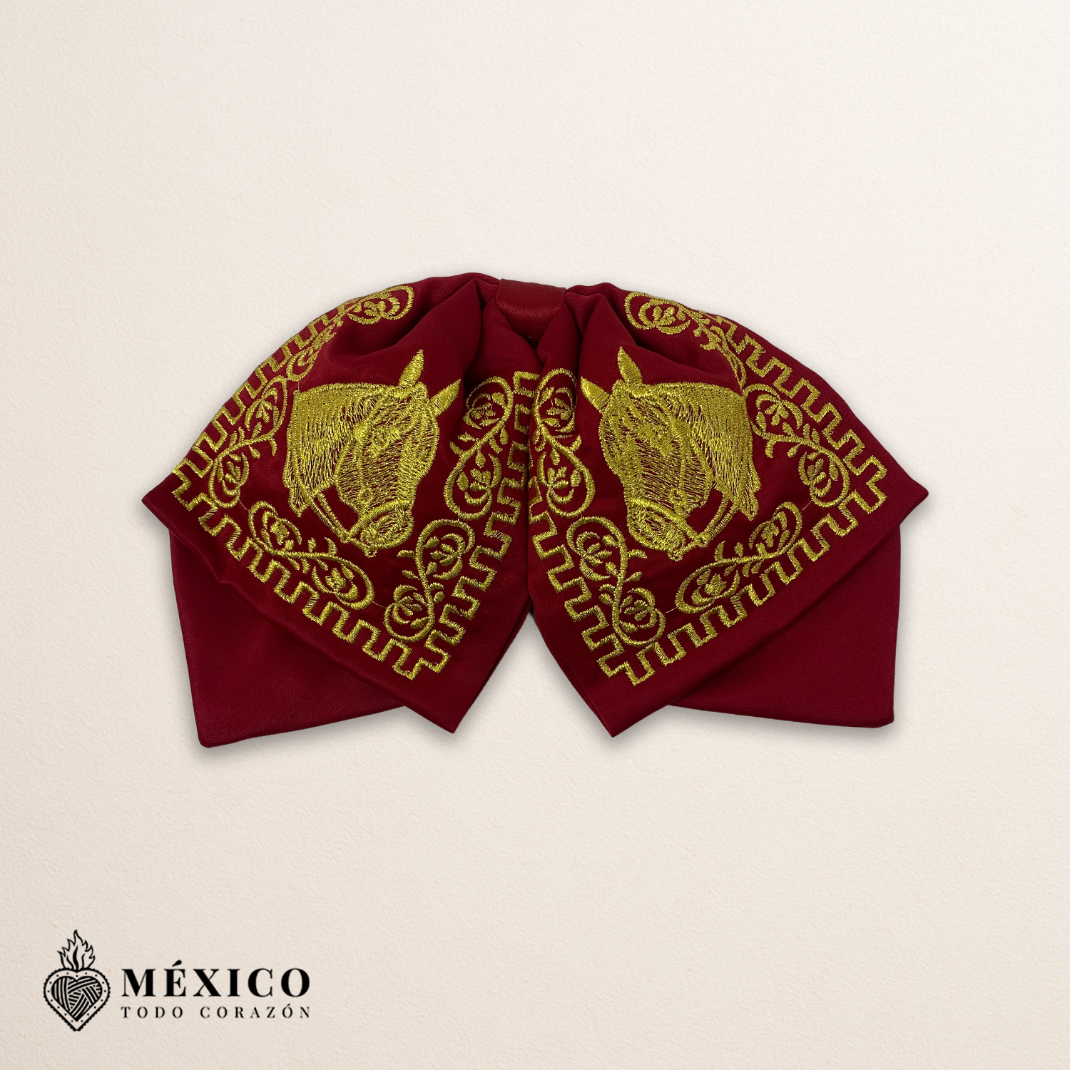 Wine Red Mexican Charro Moño with Gold Horse Embroidery | Mariachi Bow Tie for Fiestas or Cultural Events | México Todo Corazón