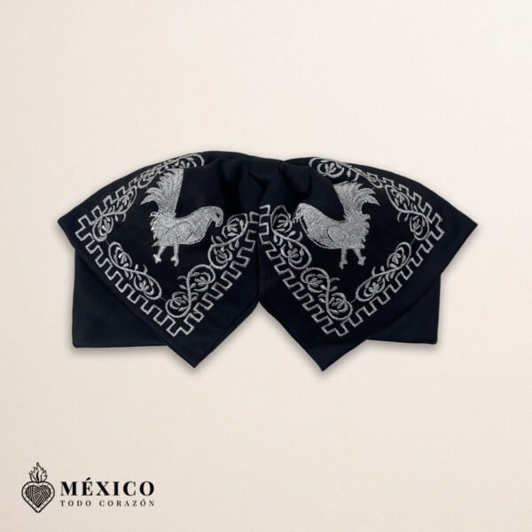 Black Mexican Charro Moño with Silver Rooster Embroidery | Mariachi Bow Tie for Fiestas, Rodeos or Cultural Events | México Todo Corazón
