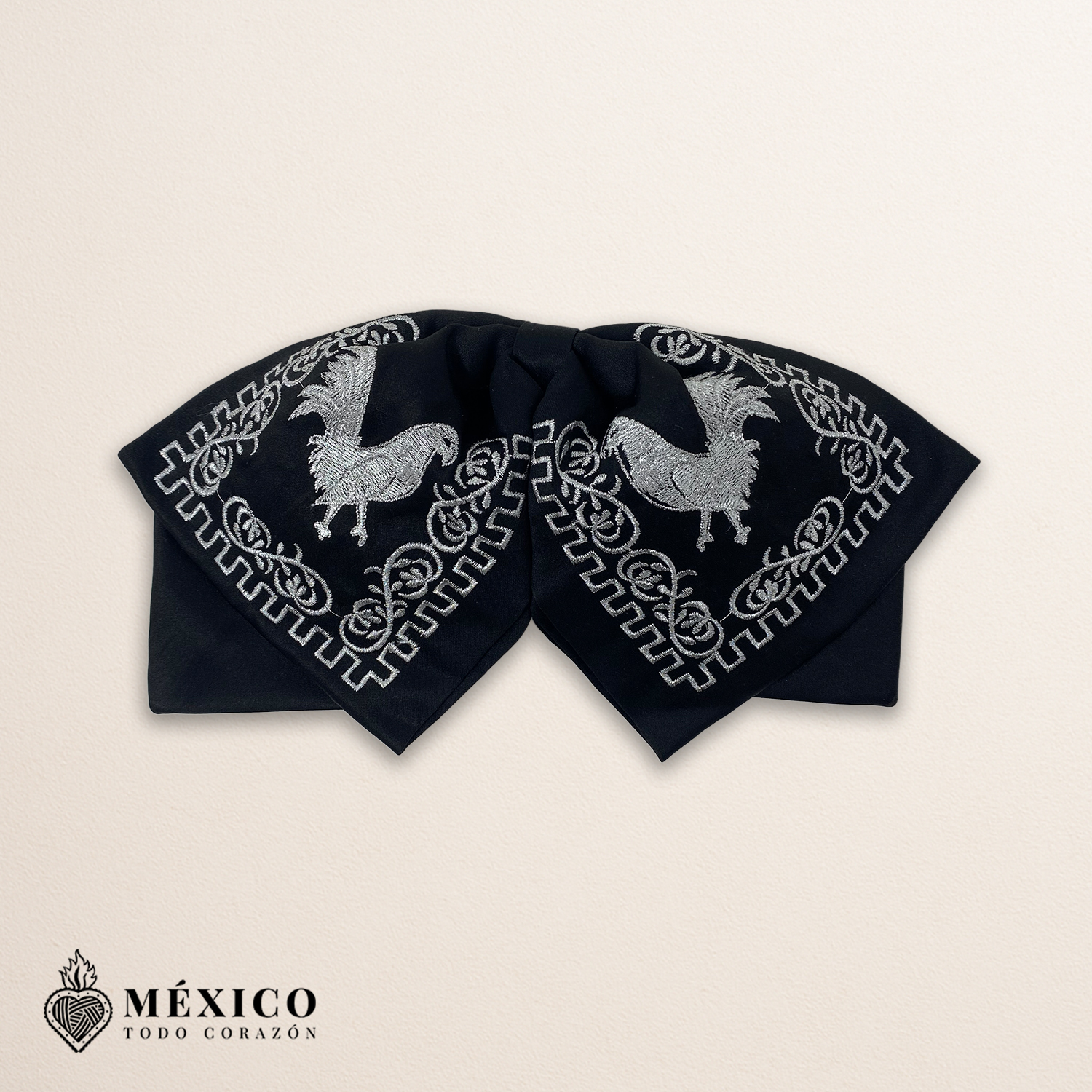Black Mexican Charro Moño with Silver Rooster Embroidery | Mariachi Bow Tie for Fiestas, Rodeos or Cultural Events | México Todo Corazón