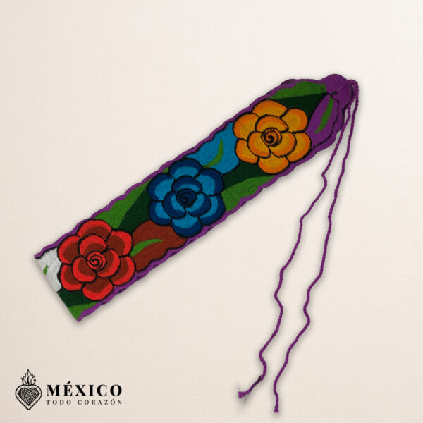 Handwoven Mexican Waist Belt – Premium Faja Colorful Flowers Purple Ties | México Todo Corazón