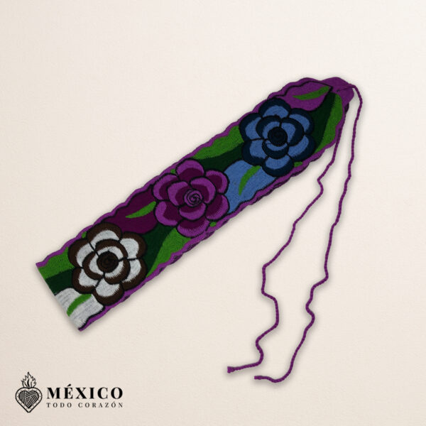 Handwoven Mexican Waist Belt – Premium Faja Colorful Flowers Purple Ties | México Todo Corazón