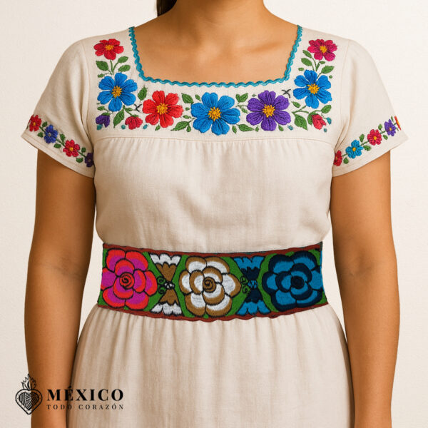 Handwoven Mexican Waist Belt – Premium Faja Colorful Flowers & Butterflies Dark Orange Ties | México Todo Corazón