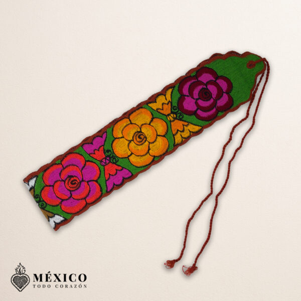 Handwoven Mexican Waist Belt – Premium Faja Colorful Flowers & Butterflies Dark Orange Ties | México Todo Corazón