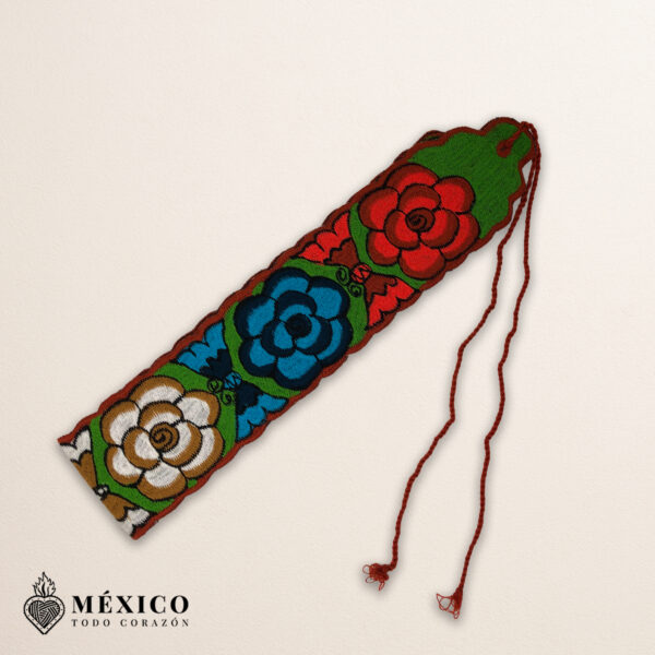 Handwoven Mexican Waist Belt – Premium Faja Colorful Flowers & Butterflies Dark Orange Ties | México Todo Corazón