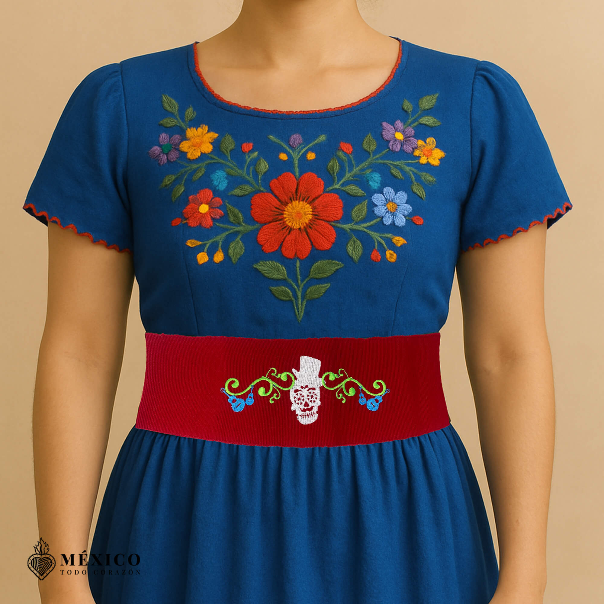 Handcrafted Elegant Musical Calavera Embroidered Mexican Waist Belt – Premium Red Faja | México Todo Corazón