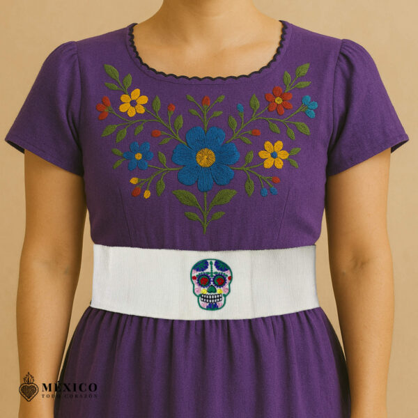 Handcrafted Calavera Embroidered Mexican Waist Belt – Premium White Faja | México Todo Corazón
