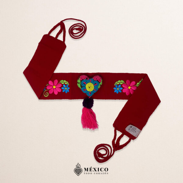 Red Artisan Mexican Waist Belt – Colorful Heart Embellishment in Multicolor Yarn