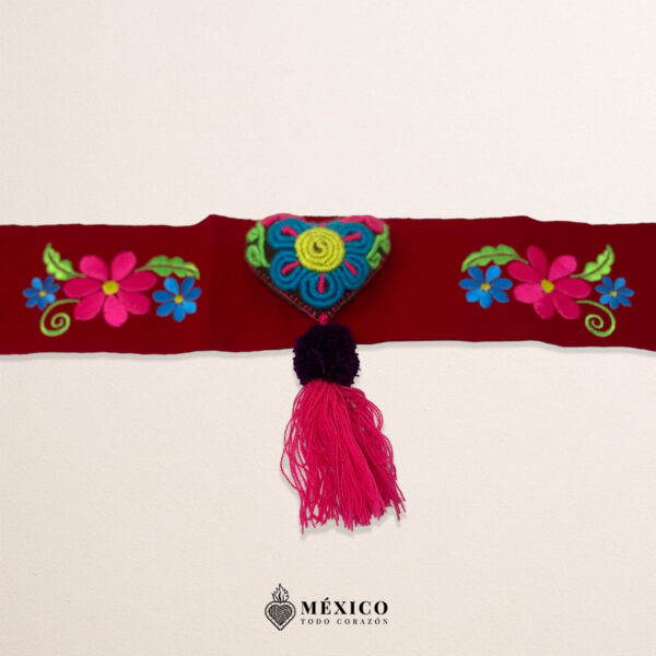Red Artisan Mexican Waist Belt – Colorful Heart Embellishment in Multicolor Yarn - Image 3
